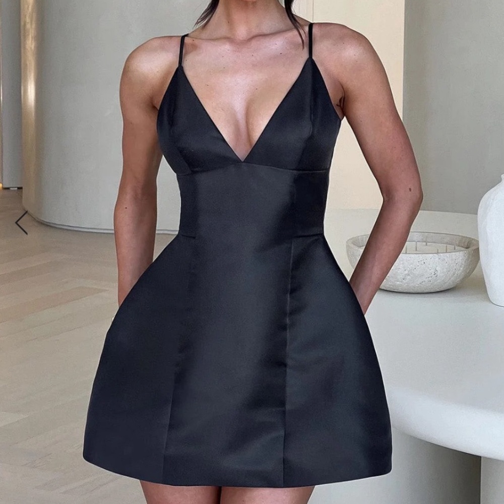 Black Satin V-Neck Mini Dress with Spaghetti Straps